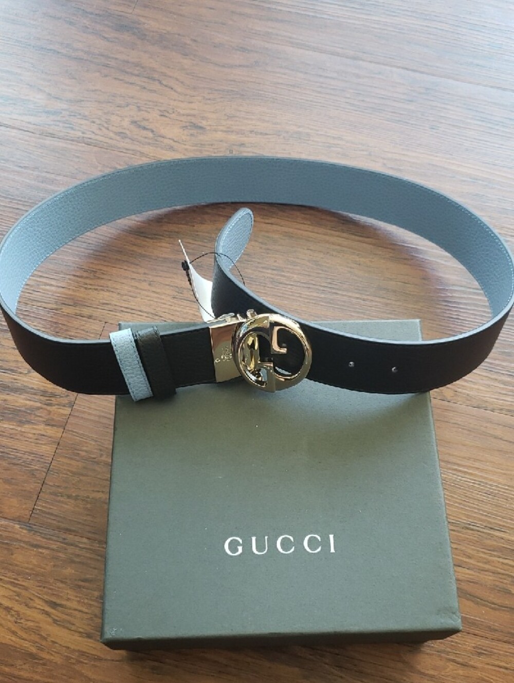 Gucci Light Blue Black Reversible Leather Belt Size 36in Gold Double G Buckle - Picture 3 of 5